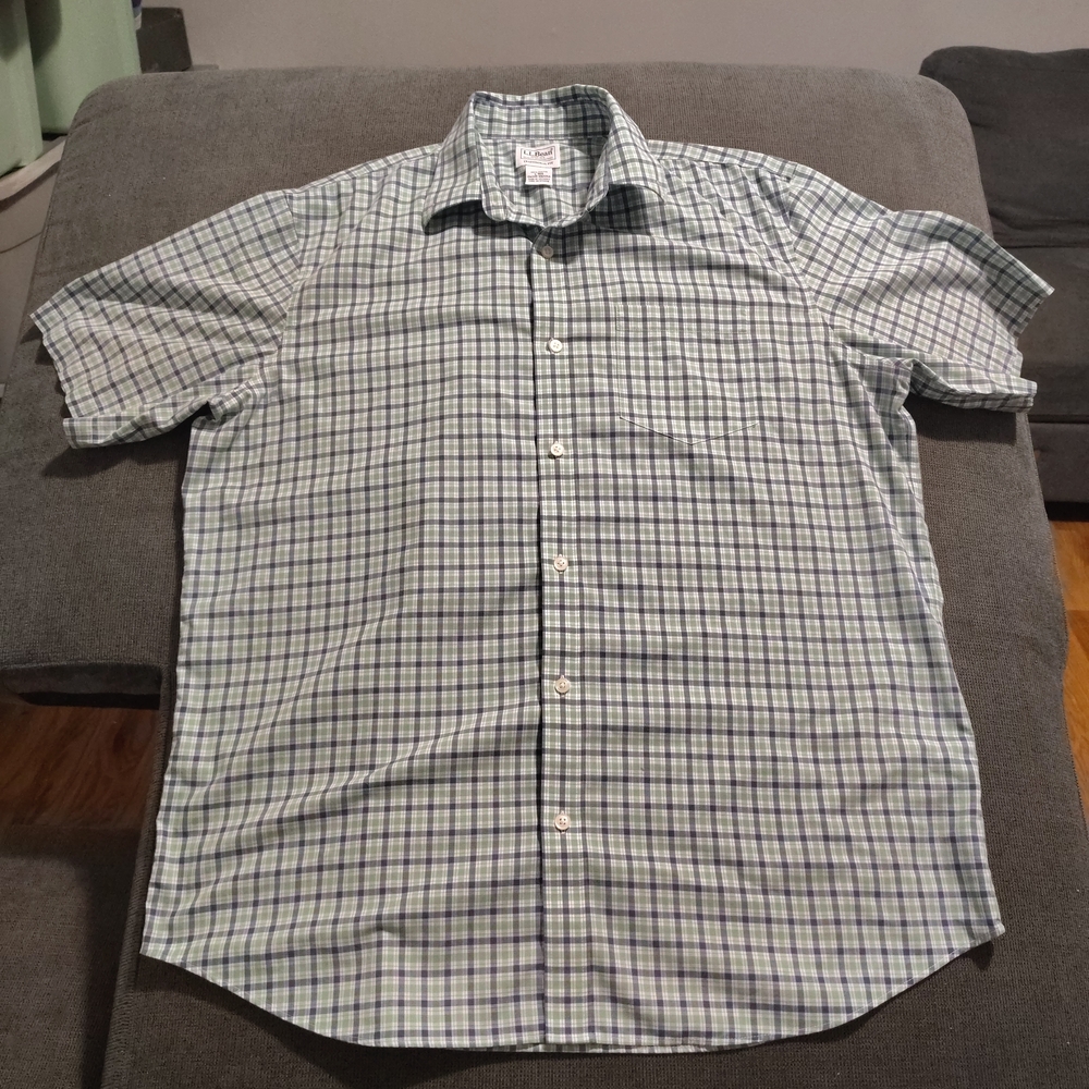 LL Bean Shirt Mens Large Button Down Traditional Fit Green Plaid Stretch